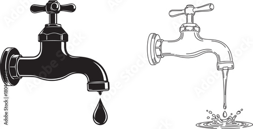 black Detailed vector drawing of a leaky faucet with a water drop. Clean, simple, and illustrative design.