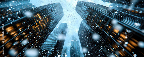 Snow falls gently between tall modern skyscrapers in city during christmas creating magical winter urban atmosphere