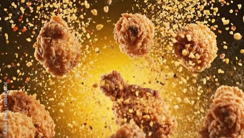 Scrumptious chicken bites scatter against a golden backdrop, seemingly exploding with flavor. 