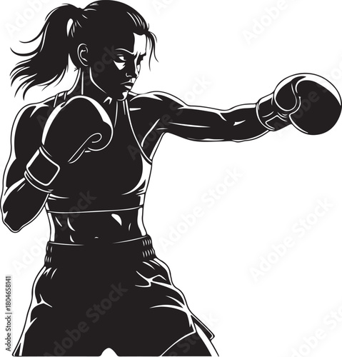 Dynamic silhouette of a female boxer in a powerful fighting stance,