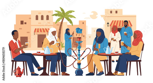 Friends and families gather at a charming outdoor cafe in a Middle Eastern city, enjoying conversations, traditional drinks, and shisha