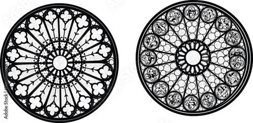 Rose window vector set, black and white Gothic cathedral architecture elements, isolated ornamental round patterns, intricate tracery design icons.