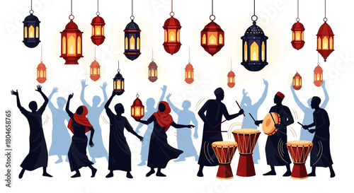 Silhouettes of people celebrating with music and dance under ornate hanging lanterns for a festive holiday