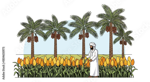 Date Palm Grove with Man Harvesting Crops in an Oasis Scene