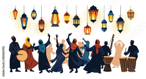 Joyful cultural celebration scene featuring people dancing with exuberance, musicians playing traditional instruments, and decorative glowing lanterns creating a festive ambiance