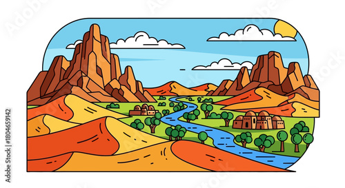 Vibrant illustration of a desert oasis featuring a winding river, lush trees, and majestic mountains under a clear sky