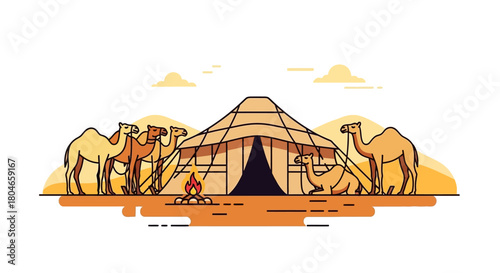 Desert Caravan Journey A Bedouin Tent Scene with Camels and Campfire