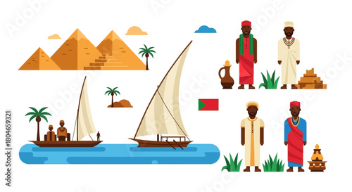 Cultural Icons of Egypt and Africa Pyramids, Boats, People, and Traditions Illustrated