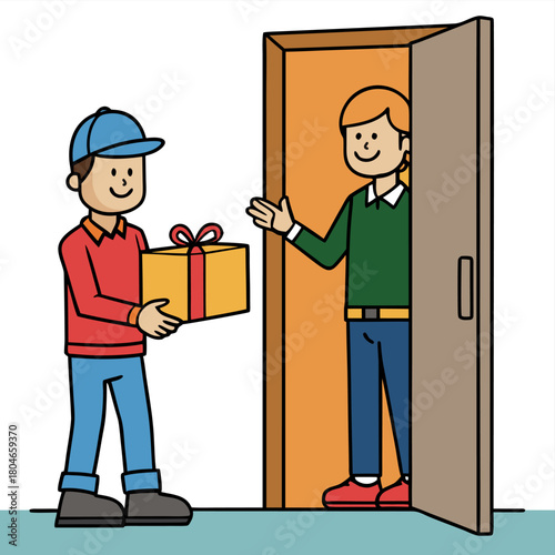 GIFT DELIVERY VECTOR LINE ART.Perfect for concepts of holiday gifting, doorstep delivery, marketing promo.