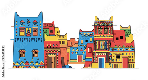 Colorful vector illustration depicting traditional Saudi Arabian architecture