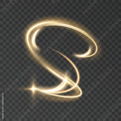 A golden magical comet effect with multiple sparkling bokeh and shimmering light effects. A magical golden wind for web design and fairy tales. Vector. 