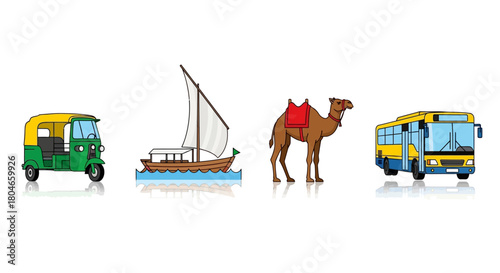 Diverse Transportation Methods Including Auto Rickshaw, Dhow Boat, Camel, and Bus