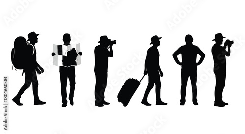Collection of Traveler Silhouettes with Backpack, Map, Camera, and Luggage for Journey and Adventure
