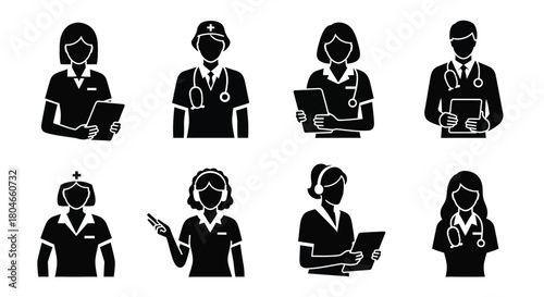 Healthcare Professionals Silhouettes Vector Icon Set with Doctors and Nurses