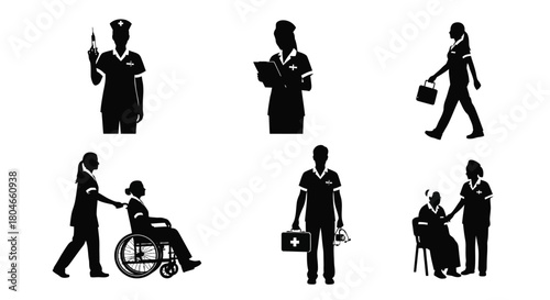 Healthcare Professionals Silhouette Icons: Nurses Performing Medical Tasks and Patient Care
