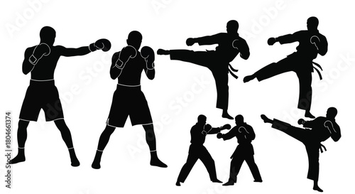 Dynamic Combat Sports Silhouettes Featuring Martial Arts and Boxing Figures