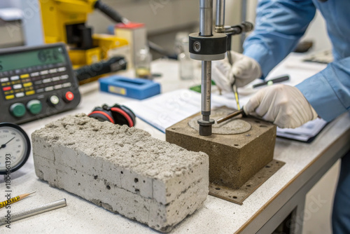 Concrete sample lab testing quality control material strength compressive test industrial lab engineer laboratory precision measurement. Concrete sample lab testing quality control material