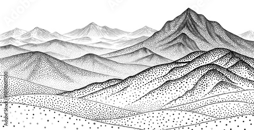 Black and White Engraved Mountain Landscape Vector with Layered Hills and Detailed Linework