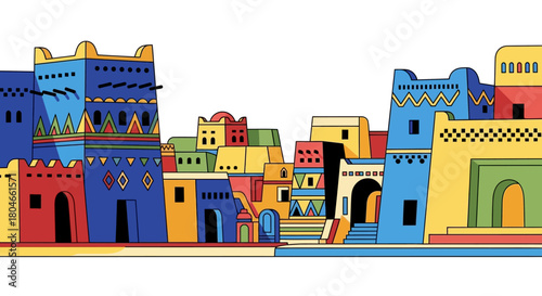 Abstract digital drawing of a traditional Arab town, showcasing a colorful and vibrant kasbah cityscape with unique architecture