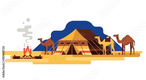Desert Camp Illustration Tent, Camels, and Bonfire in a Flat Vector Design