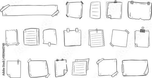 Large hand-drawn sticky notes and paper frame vector collection featuring memo sheets, taped notes, planner elements, and stationery graphics for organization design