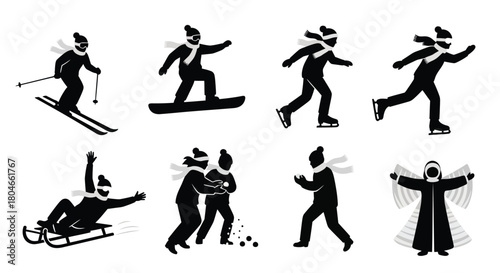 Winter Sports and Activities Silhouettes Set: Skiing, Snowboarding, Ice Skating, Sledding, Snow Games, and Snow Angels