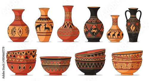 Collection of ancient traditional pottery with vibrant patterns, featuring decorative vases and ornate bowls illustrating cultural heritage
