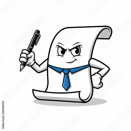 Cartoon paper sheet character holding pen with tie and smirking