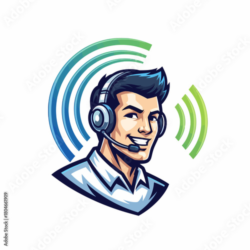 Illustration handsome call center agent with headset radiating signals