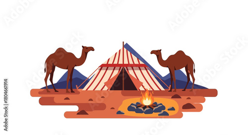 Desert camp with camels and a bonfire under the night sky in a flat vector illustration