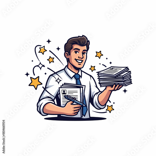 Cartoon illustration confident businessman holding resumes recruitment success