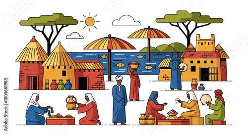 Vibrant African Village Scene Market, Culture, and Daily Life Illustration