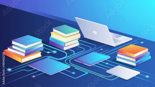 A digital illustration featuring stacks of colorful books and electronic devices connected by glowing lines, symbolizing the fusion of knowledge and technology.