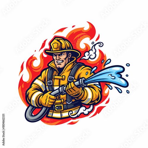 Cartoon illustration firefighter extinguishing fire with hose brave service