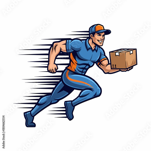 Vector illustration of fast delivery man with package sprinting to destination