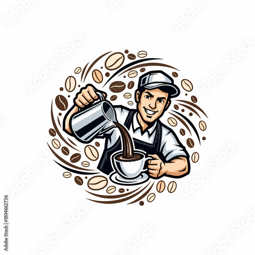 Cartoon barista pouring coffee into cup surrounded coffee beans
