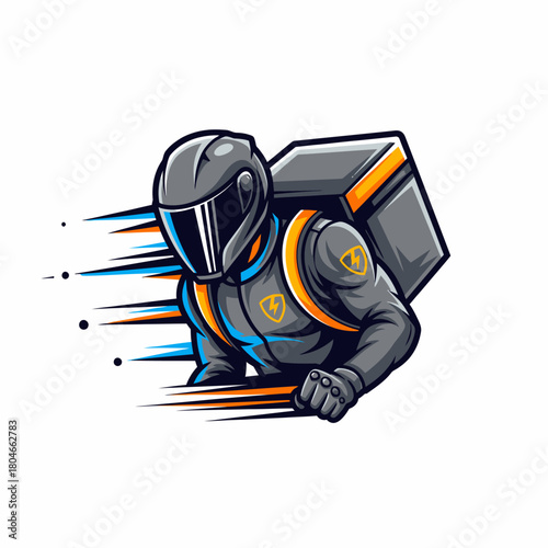 Illustration delivery rider speeding with insulated food package backpack rapidly