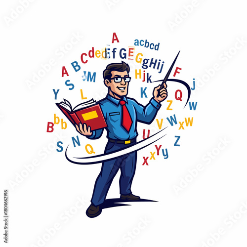 Cartoon illustration teacher presenting education concept with letters background