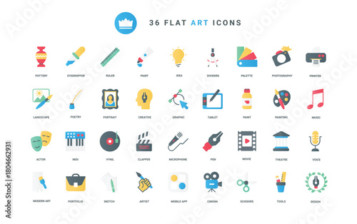 Trendy flat color icons set for art design. Abstract symbols of modern artists portfolio, education tools and graphic technology for creative photography, painting, music vector illustration