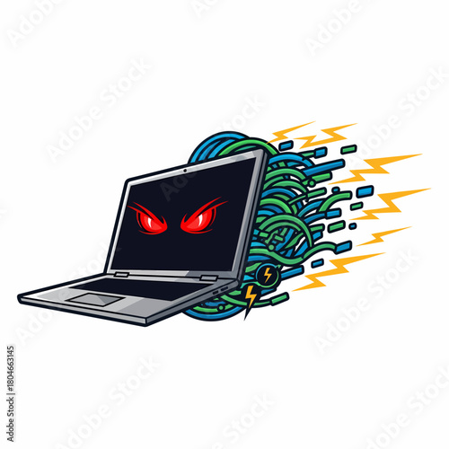 Cartoon laptop with streaming data cables and digital threat