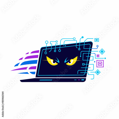 Illustration laptop cybercrime hacker stealing data with electronic traces