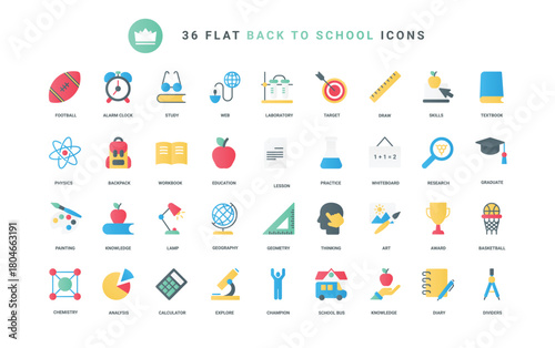 Study science in school and university, physics and chemistry lessons, champion award for students and books. Education trendy flat icons set vector illustration