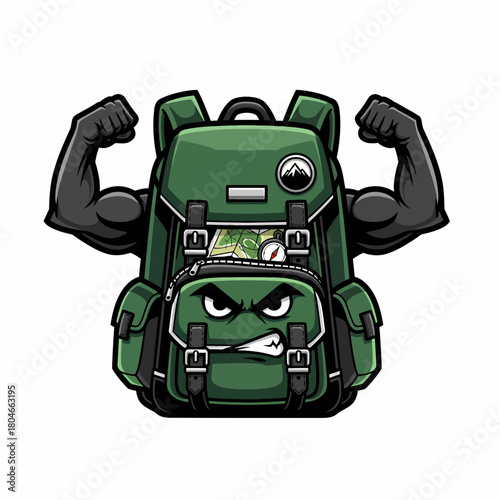 Cartoon strong backpack showing muscles ready for mountain adventure cartoon