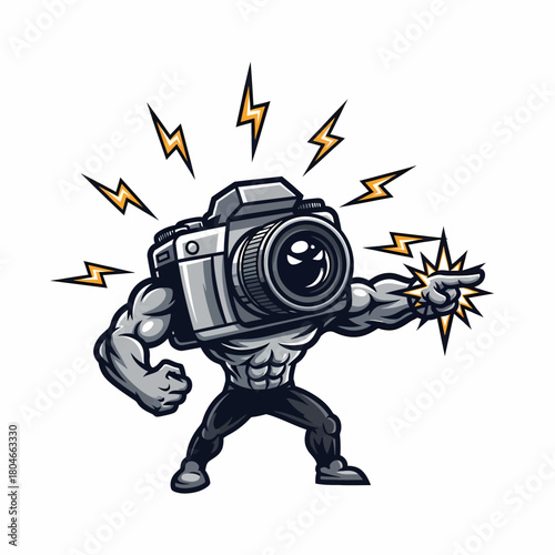 Cartoon camera character illustration with muscular body and pointing finger