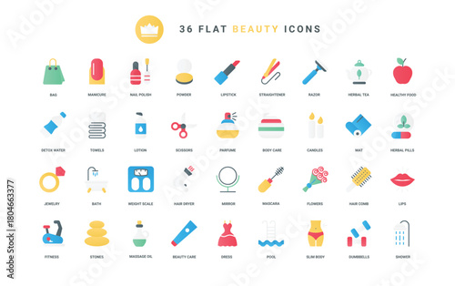 Trendy flat color icons for beauty skin, hair care, makeup cosmetics hygiene, including oil massage for body spa salon relax, herbal detox therapy, manicure, healthy fitness vector illustration