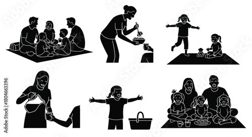Family Picnic and Cooking Silhouettes: Happy Mealtime and Outdoor Leisure Activities