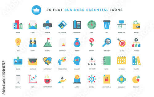 Confidential documents, office process to research and presentation of product, success partnership finance idea. Business, goal management trendy flat icons set vector illustration