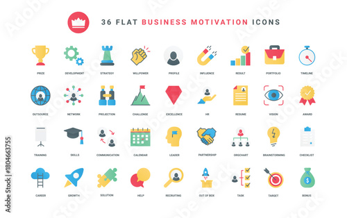 HR recruiting and outsource, leadership training and skills development, award career of leader. Business mission, challenge and motivation trendy flat icons set vector illustration