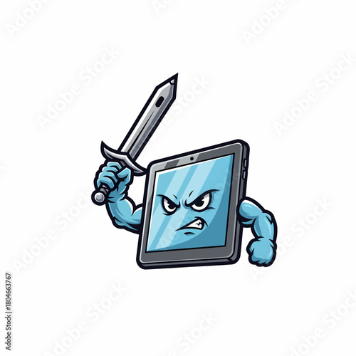 Cartoon tablet character wielding sword security concept digital warrior defender