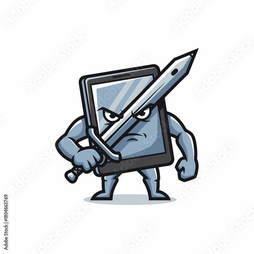 Cartoon tablet knight mascot wielding sharp sword illustration digital defender